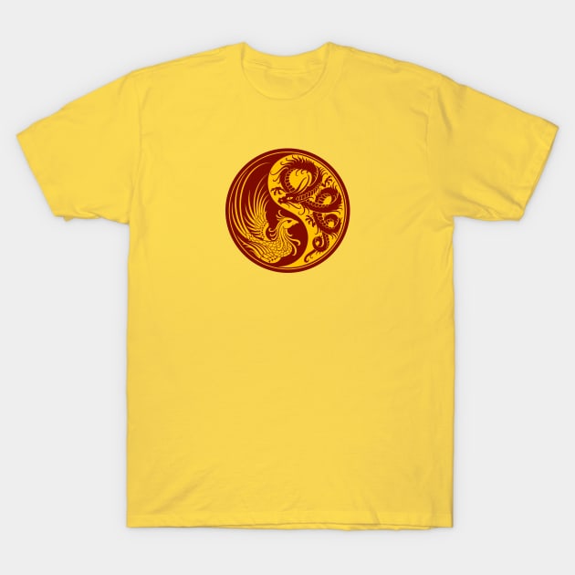 Yellow and Red Dragon Phoenix Yin Yang T-Shirt by jeffbartels